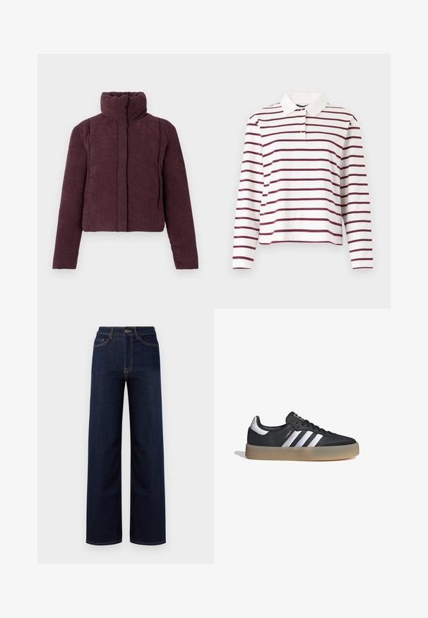 Chaqueta acolchada corta para mujer en terciopelo corduroy púrpura oscuro, con cuello alto y mangas largas, presentada sobre un fondo liso.; Polo de manga larga en blanco con rayas horizontales en burdeos, que presenta un diseño clásico de cuello y tapeta de botones. Material de algodón suave.; Jeans de corte amplio en azul oscuro hechos de denim, con una cintura alta, cuatro bolsillos y costuras en contraste a lo largo de las costuras.; Zapatilla deportiva de cuero negro con tres rayas plateadas, punta texturizada y suela de goma. Cuenta con un collar acolchado y un diseño con cordones.