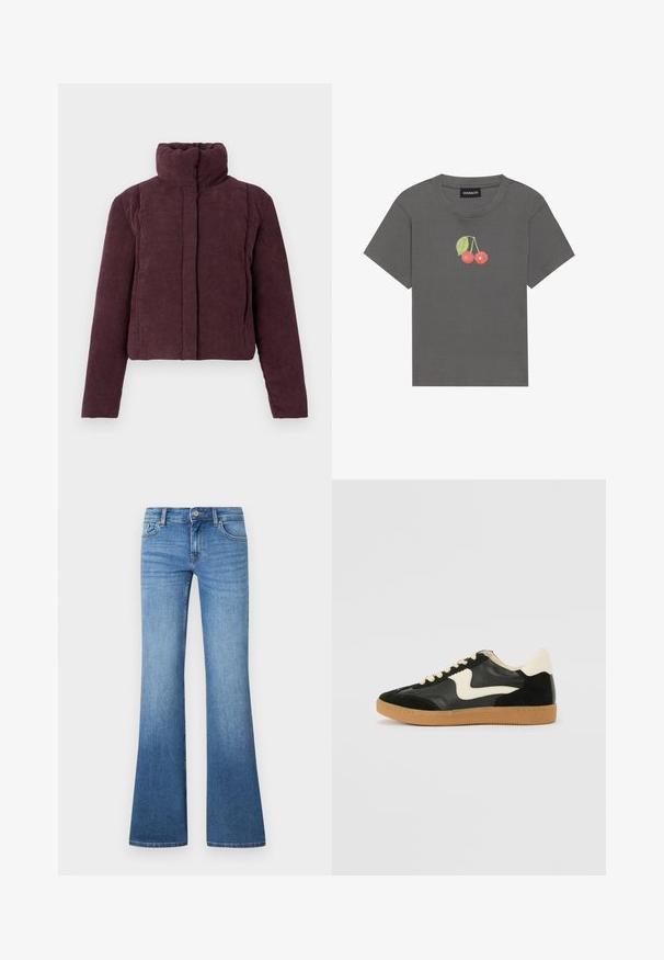 Chaqueta acolchada corta para mujer en terciopelo corduroy púrpura oscuro, con cuello alto y mangas largas, presentada sobre un fondo liso.; Camiseta de rayas grises con mangas cortas, que presenta un pequeño gráfico de cereza con hojas bordadas en el pecho.; Vaqueros acampanados de mezclilla en azul claro. Presentan un diseño de cinco bolsillos, cierre con botón de metal y un sutil desgaste cerca de las rodillas.; Zapatillas de deporte de ante y cuero negro con un swoosh lateral en crema y un talón en crema claro. Presenta cordones beige y una suela de goma marrón.