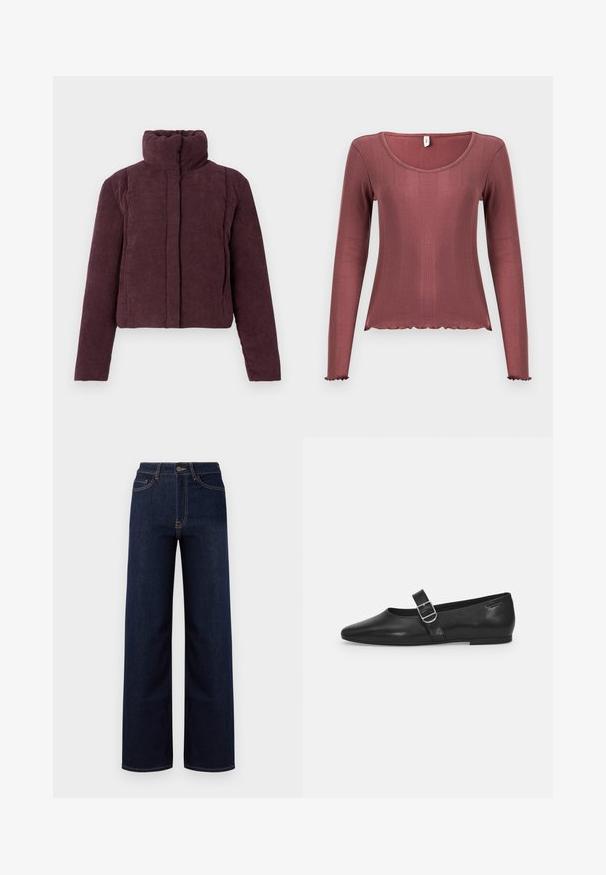 Chaqueta acolchada corta para mujer en terciopelo corduroy púrpura oscuro, con cuello alto y mangas largas, presentada sobre un fondo liso.; Top de manga larga en color rosa polvoriento, textura acanalada, escote redondo, dobladillo y puños con borde ondulado, confeccionado con material de punto suave.; Jeans de corte amplio en azul oscuro hechos de denim, con una cintura alta, cuatro bolsillos y costuras en contraste a lo largo de las costuras.; Zapato plano de cuero negro con punta redondeada, una sola correa ajustable con hebilla y una textura suave y brillante. Diseño minimalista con un tacón bajo.