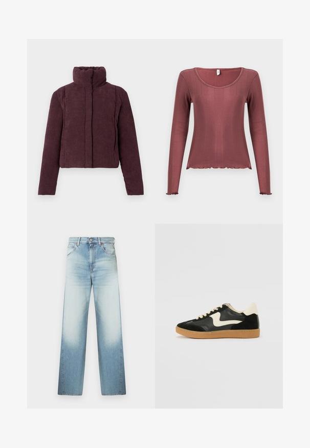 Chaqueta acolchada corta para mujer en terciopelo corduroy púrpura oscuro, con cuello alto y mangas largas, presentada sobre un fondo liso.; Top de manga larga en color rosa polvoriento, textura acanalada, escote redondo, dobladillo y puños con borde ondulado, confeccionado con material de punto suave.; Vaqueros de mezclilla azul claro con un corte holgado, que presentan una cintura alta, diseño de cinco bolsillos y un sutil desgaste hacia la parte inferior de las piernas.; Zapatillas de deporte de ante y cuero negro con un swoosh lateral en crema y un talón en crema claro. Presenta cordones beige y una suela de goma marrón.
