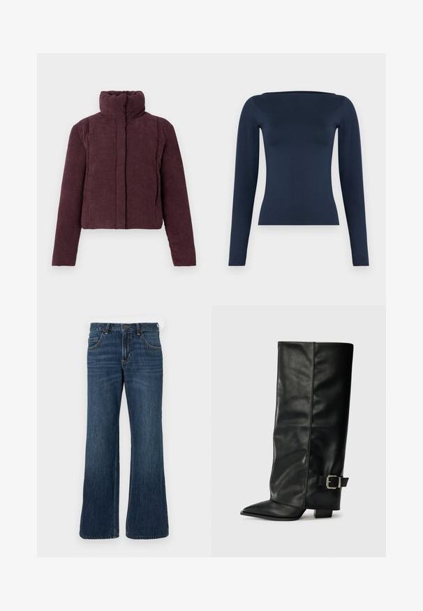 Chaqueta acolchada corta para mujer en terciopelo corduroy púrpura oscuro, con cuello alto y mangas largas, presentada sobre un fondo liso.; Top de mujer ajustado de manga larga en azul marino, con un escote ancho tipo barco y un acabado de tela lisa y elástica.; Vaqueros de pierna ancha en azul oscuro con diseño clásico de cinco bolsillos, cierre de botón y sutil desgaste. Fabricados con tejido denim.; Botas de cuero negro hasta el tobillo con punta afilada, textura suave y un detalle de hebilla plateada en el lado. Tacón cuadrado grueso.