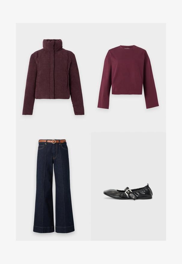 Chaqueta acolchada corta para mujer en terciopelo corduroy púrpura oscuro, con cuello alto y mangas largas, presentada sobre un fondo liso.; Top corto de manga larga en burdeos oscuro con cuello redondo y corte holgado, mostrado sobre un fondo liso y claro.; Jeans de mezclilla de un azul oscuro, de pierna ancha y con una cintura alta, cinturón marrón y detalles de costura visibles. Incluye bolsillos delanteros y un ajuste relajado.; Zapato plano de piel negra con puntera afilada, detalle fruncido alrededor de la abertura y un acento de hebilla plateada en la correa ajustable.