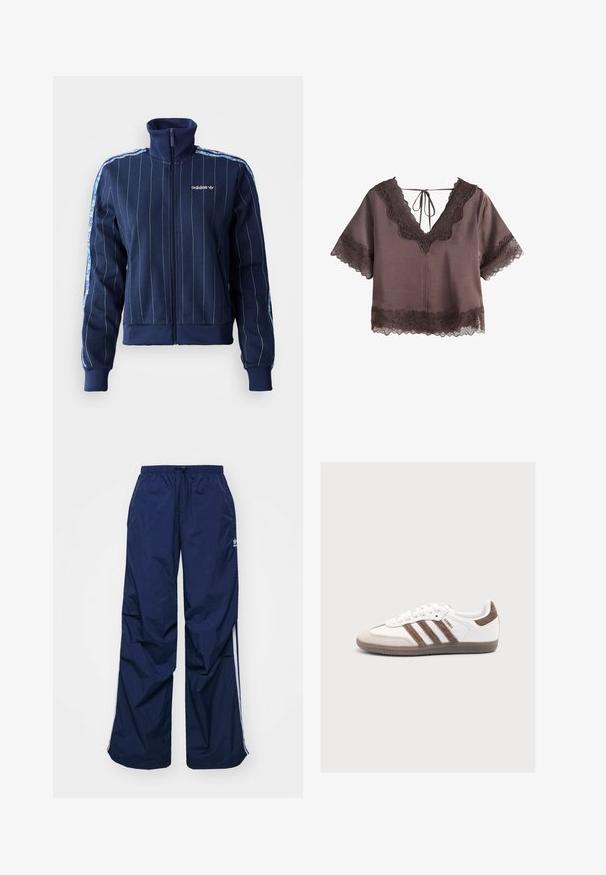 Veste zippée navy avec des rayures verticales, col haut, poignets côtelés et logo de marque. Présente des accents à motifs floraux sur les manches.; Blouse mauve à manches courtes avec bordure en dentelle festonnée sur les manches, l'ourlet et un profond décolleté en V, avec une fermeture à nouer dans le dos.; Pantalon bleu marine, léger, avec taille élastique et cordon de serrage, présentant des rayures blanches sur les côtés et un petit logo à l'avant. Coupe ample.; Baskets blanches Adidas Samba avec des bandes en daim marron, un patch marron au talon, un bout beige et une semelle en caoutchouc translucide, vues de côté.
