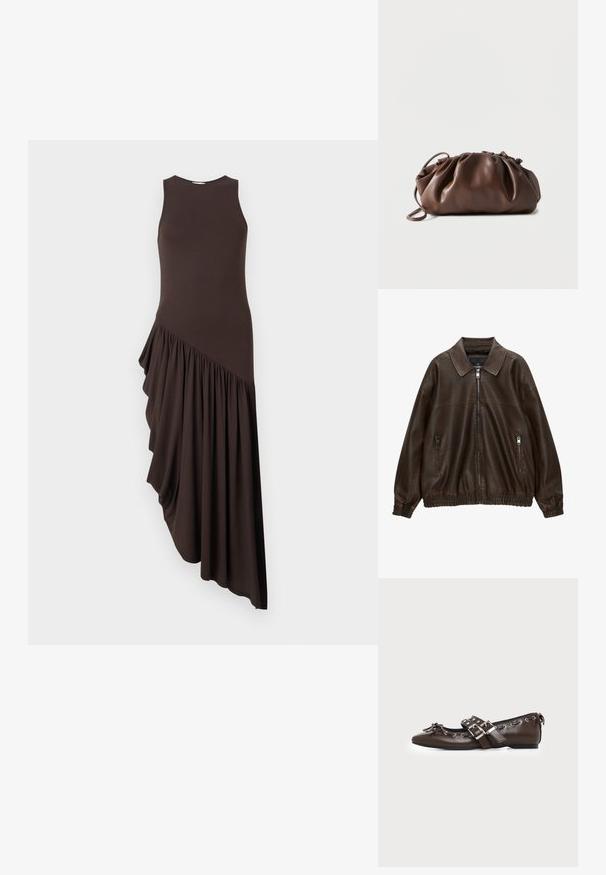 Veste en cuir marron avec un col chemise, une fermeture éclair à l'avant et deux poches zippées. Dotée de poignets et d'un ourlet élastiqués pour une coupe décontractée.; Robe asymétrique sans manches de couleur brun foncé avec un corsage ajusté et un détail de volant froncé descendant en diagonale de la taille à l'ourlet.; Chaussure plate en cuir marron foncé avec bout pointu, doubles brides à boucles argentées, œillets métalliques et nœud décoratif à l'avant.; Sacoche en cuir marron doux avec un haut froncé et une fine bandoulière, posée sur un fond blanc.