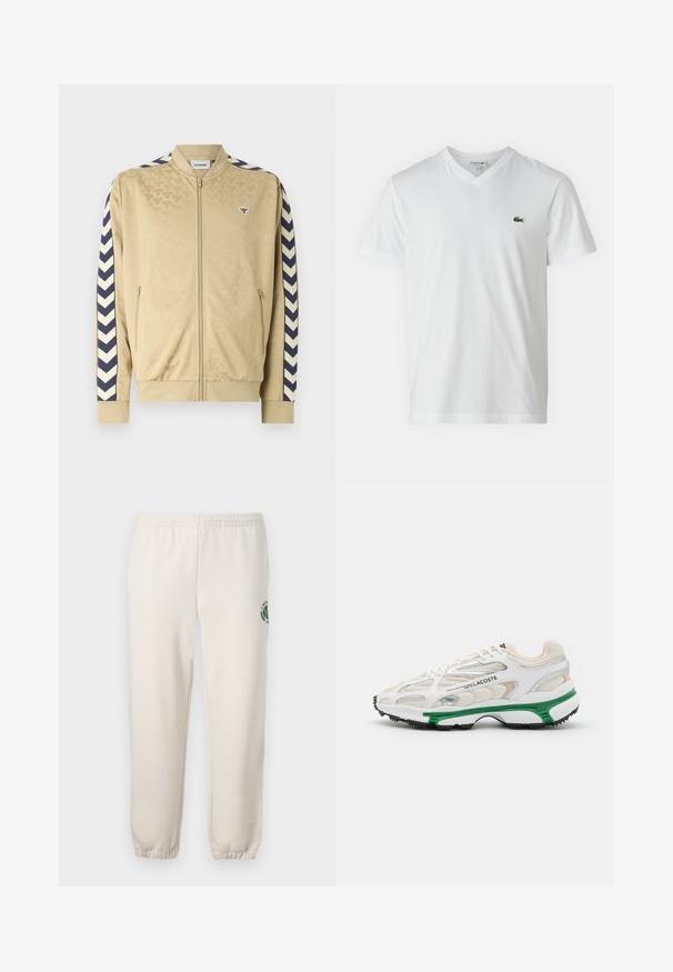 Veste bomber beige avec un motif subtil, rayures chevron navy sur les manches, fermeture éclair et poches latérales. Présente un logo sur la poitrine.; T-shirt en coton blanc avec un col en V, des manches courtes et un petit logo de crocodile vert sur la poitrine gauche. Design simple et léger.; Pantalon de jogging beige clair en coton, doté d'une taille élastique, de poignets en côtes et d'un logo vert avec un design de feuille sur la jambe gauche.; Sneaker blanc avec accents verts et semelle en caoutchouc noir. Comprend des panneaux en mesh et en synthétique, avec une finition texturée et des coutures visibles.
