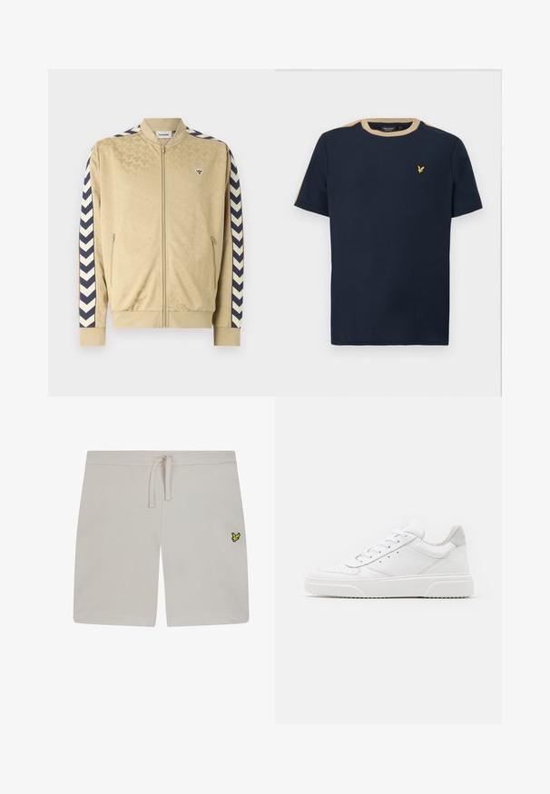 Veste bomber beige avec un motif subtil, rayures chevron navy sur les manches, fermeture éclair et poches latérales. Présente un logo sur la poitrine.; T-shirt bleu marine en coton avec un col rond et des manches courtes. Doté d'une bordure beige et d'un petit logo brodé en or.; Shorts en coton gris clair avec une taille élastique et un cordon de serrage. Présente un petit logo jaune sur le côté gauche. Texture lisse.; Des baskets en cuir blanc avec une finition lisse, un bout rond, des lacets plats et une semelle texturée. Accents en daim gris au niveau du talon.