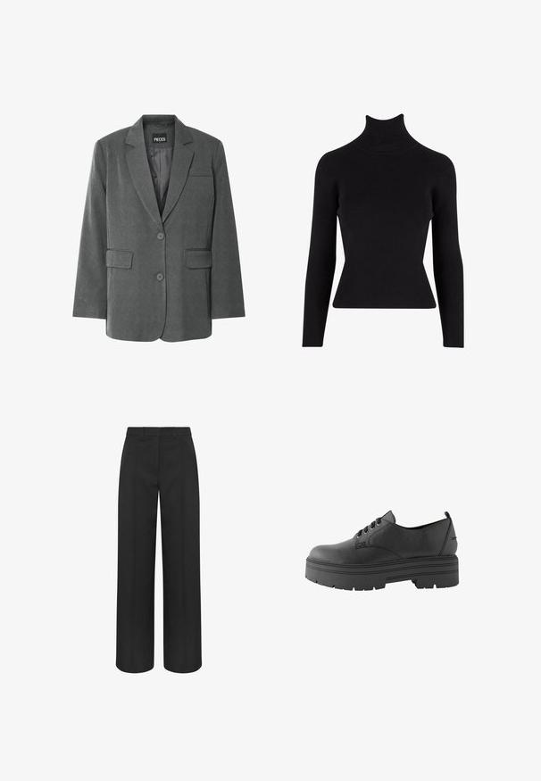 Blazer gris con un collar muescado, dos bolsillos frontales y cierre de dos botones. Hecho de una tela texturizada con un forro interior suave.; Suéter negro de cuello alto con relieve, de manga larga, silueta ajustada, tejido texturizado y cuello alto.; Pantalones negros de talle alto y pierna ancha con trabillas para cinturón y costuras delanteras planchadas, diseñados para un look formal o profesional.; Next WIDE FIT FOREVER COMFORT CHUNKY - Zapatos de vestir - mottled black
