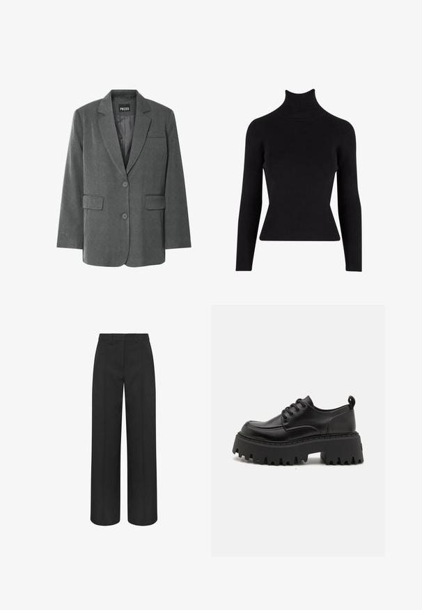 Grå blazer med klippet krave, to forlommer og to-knaps lukning. Lavet af et tekstureret stof med en glat inderside.; Sort ribbet turtleneck sweater med lange ærmer, tætsiddende silhuet, tekstureret stof og høj hals.; Sorte sortevidde bukser med høj talje, bæltestropper og frontpres seams, skræddersyet til et formelt eller professionelt udseende.; Sorte læder platform sko med en kraftig, rillet gummisål og seks snøringer. Har en rund tå og en hælhank for nem påtagning.