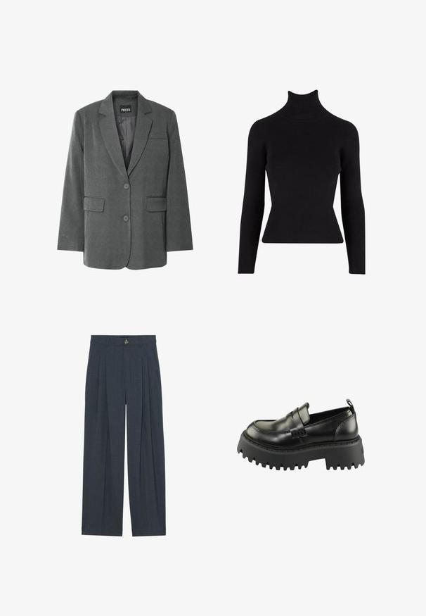 Blazer gris con un collar muescado, dos bolsillos frontales y cierre de dos botones. Hecho de una tela texturizada con un forro interior suave.; Suéter negro de cuello alto con relieve, de manga larga, silueta ajustada, tejido texturizado y cuello alto.; Pantalones de pierna ancha hechos de una tela texturizada de color gris oscuro, con pliegues frontales, cierre de botón y bolsillos laterales para mayor funcionalidad.; Mocasines de cuero negro con una suela gruesa de goma negra texturizada. Presentan una puntera redonda y una correa decorativa en el empeine.