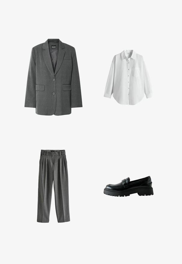Blazer gris con un collar muescado, dos bolsillos frontales y cierre de dos botones. Hecho de una tela texturizada con un forro interior suave.; Camisa blanca de manga larga con botones, cuello y bolsillo en el pecho, mostrada sobre un fondo blanco liso.; Pantalones grises de pernera ancha confeccionados en una tela texturizada con finas rayas discretas. Presentan un frente plisado y una cintura con trabillas para cinturón.; Mocasín de cuero negro con suela gruesa con tacos, puntera redondeada y detalle de tira en la parte superior, mostrado de lado sobre fondo blanco.