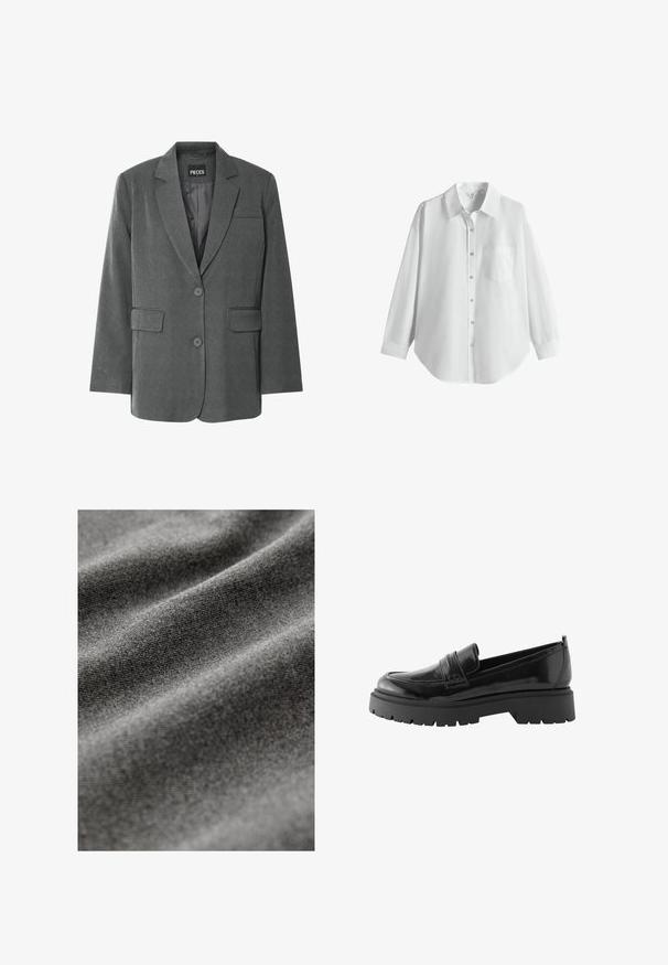 Blazer gris con un collar muescado, dos bolsillos frontales y cierre de dos botones. Hecho de una tela texturizada con un forro interior suave.; Camisa blanca de manga larga con botones, cuello y bolsillo en el pecho, mostrada sobre un fondo blanco liso.; Tela gris con una superficie suave y texturizada, que muestra patrones sutiles formados por suaves pliegues y arrugas.; Los mocasines de charol negro presentan una suela plataforma baja con un diseño de tracción robusta y un detalle cosido en el medio del pie.