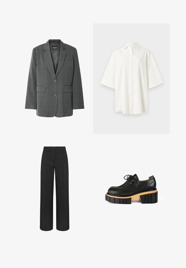 Grå blazer med klippet krave, to forlommer og to-knaps lukning. Lavet af et tekstureret stof med en glat inderside.; Hvid kortærmet skjorte med knapper, krave, lige kant og løs pasform på en ensfarvet lys baggrund.; Sorte sortevidde bukser med høj talje, bæltestropper og frontpres seams, skræddersyet til et formelt eller professionelt udseende.; Sort læder sko med rund tå, snørebåndsdesign, kraftig træplatform og tykk sort gummisål med lodrette riller.