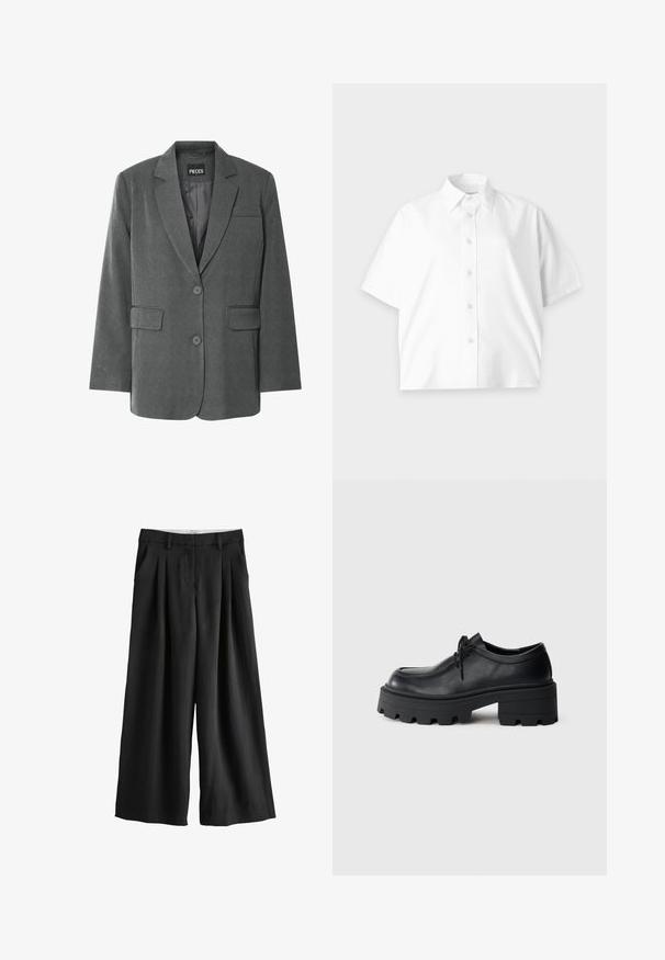 Grijze blazer met een gekartelde kraag, twee voorzakken en een twee-knopen sluiting. Gemaakt van een gestructureerde stof met een gladde voering.; Wit overhemd met korte mouwen, knoopsluiting en kraag, eenvoudig ontwerp en subtiel logo op de borst, weergegeven op een lichte achtergrond.; Zwarte wijde broek met riemlussen, voorplooien en zijzakken, afgebeeld op een witte achtergrond.; Zwarte leren veterschoen met een dikke, gestructureerde zwarte rubberen zool en een afgeronde neus. Voorzien van subtiele stikseldetails.