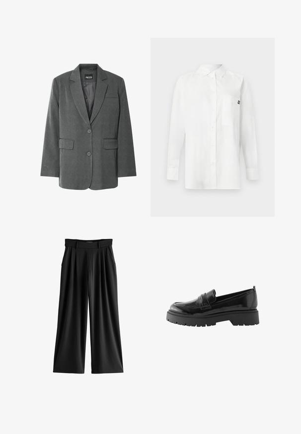 Grå blazer med klippet krave, to forlommer og to-knaps lukning. Lavet af et tekstureret stof med en glat inderside.; Hvid langærmet skjorte lavet af bomuldsblandingsstof, med en button-down krave, brystlomme og et lille sort logo på brystet.; Sorte bukser med brede ben, læg, sidelommer og linning med bæltestropper.; Sorte lakerede loafers har en lav platformssål med en robust træd og en quiltet detalje over midtfoden.