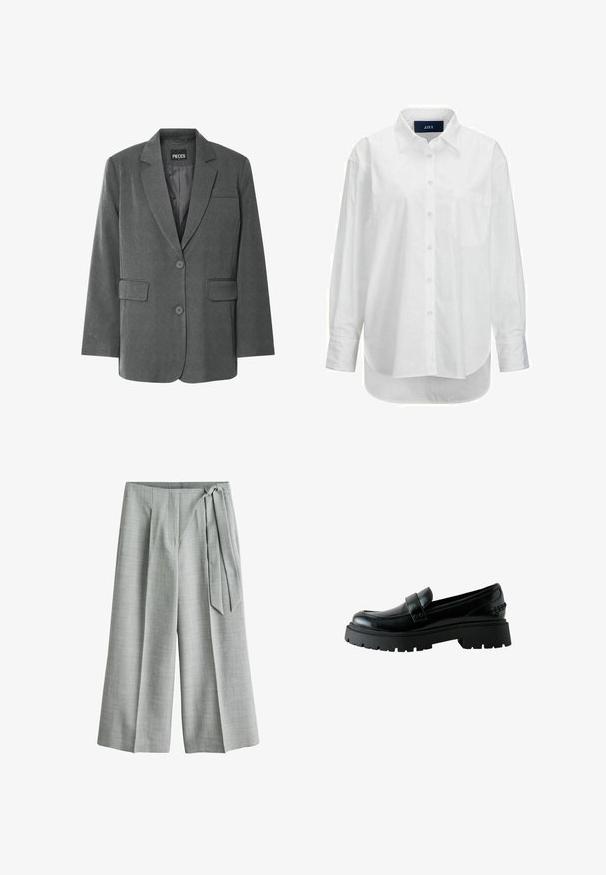 Grijze blazer met een gekartelde kraag, twee voorzakken en een twee-knopen sluiting. Gemaakt van een gestructureerde stof met een gladde voering.; Witte lange mouwen shirt van glad katoen met een button-down kraag, voorzak en ronde zoom. Heeft een achterpand voor extra structuur.; Lichtgrijze wijde broek met hoge taille en zijdetail van strik op een effen witte achtergrond.; Zwarte leren loafer met dikke grof profielzool, afgeronde neus en riemdetail bovenop, zijaanzicht op een witte achtergrond.