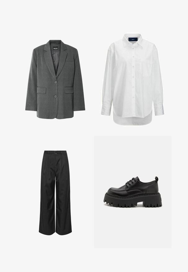 Grijze blazer met een gekartelde kraag, twee voorzakken en een twee-knopen sluiting. Gemaakt van een gestructureerde stof met een gladde voering.; Witte lange mouwen shirt van glad katoen met een button-down kraag, voorzak en ronde zoom. Heeft een achterpand voor extra structuur.; Zwarte broek met wijde pijpen, een hoge taille, voorplooien en een bijpassende stoffen riem met een rechthoekige gesp.; Zwarte leren platform schoenen met een dikke, ribbelige rubberen zool en zes veterogen. Voorzien van een ronde neus en een hieltab voor gemakkelijk aan- en uittrekken.