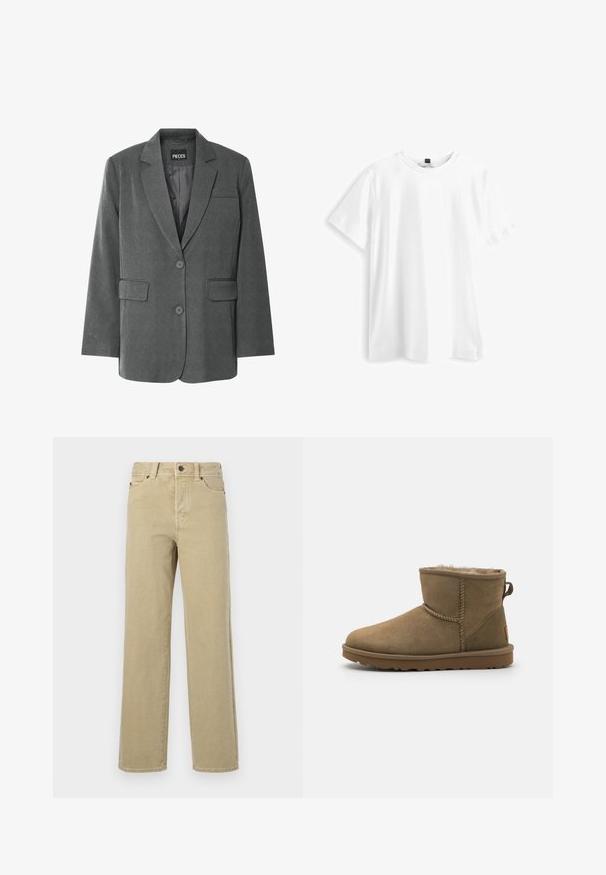 Grijze blazer met een gekartelde kraag, twee voorzakken en een twee-knopen sluiting. Gemaakt van een gestructureerde stof met een gladde voering.; Witte katoenen t-shirt met korte mouwen, ronde hals en een iets losse pasvorm. Eenvoudig ontwerp, zonder patronen of extra accenten.; Beige wijde jeans van zachte katoen met een klassieke vijfzakkenontwerp, knoopsluiting en zichtbare stiksels langs de naden en zoom.; Bruine suède enkelboot met een zachte, pluizige voering, ronde neus en een lusaccent aan de achterkant. Vlakke rubberen zool met een gestructureerde grip.