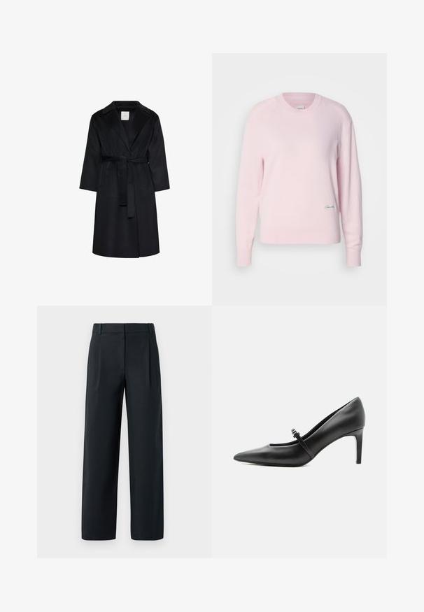 Manteau noir longueur genoux avec larges revers, manches longues et ceinture assortie nouée à la taille, présenté sur fond blanc.; Pull en rose clair en tricot doux. Il présente un col rond et des manches longues, avec un petit logo vert sur le bas à gauche.; Pantalon noir ajusté avec une coupe droite, présentant des plis avant, une texture lisse et des passants de ceinture. Pas de poches visibles.; Escarpin noir en cuir à bout pointu avec une fine bride et une boucle sur le cou-de-pied, posé sur un fond clair neutre.
