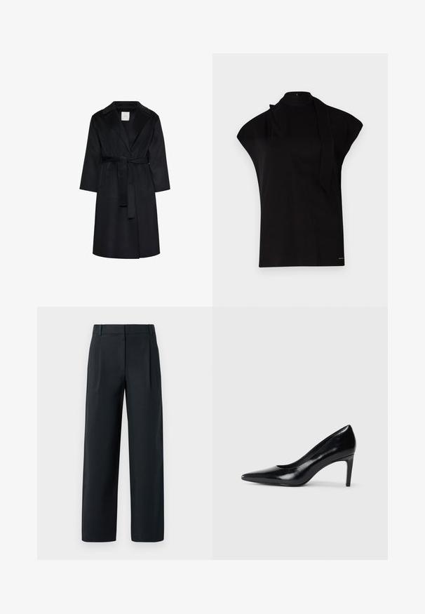 Manteau noir longueur genoux avec larges revers, manches longues et ceinture assortie nouée à la taille, présenté sur fond blanc.; Top noir à col montant avec manches courtes, présentant un design asymétrique et une longue cravate. Fabriqué en tissu lisse au look minimaliste.; Pantalon noir ajusté avec une coupe droite, présentant des plis avant, une texture lisse et des passants de ceinture. Pas de poches visibles.; Chaussure à talon haut en cuir noir avec un bout pointu, texture lisse et un talon effilé. Design minimaliste, sans embellissements supplémentaires.