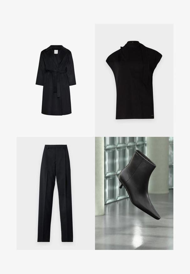 Manteau noir longueur genoux avec larges revers, manches longues et ceinture assortie nouée à la taille, présenté sur fond blanc.; Top noir à col montant avec manches courtes, présentant un design asymétrique et une longue cravate. Fabriqué en tissu lisse au look minimaliste.; Pantalon noir en tissu lisse avec taille haute, jambes larges, plis à l'avant et passants de ceinture classiques. Pas de poches latérales visibles.; Bottine en cuir noir avec bout pointu et petit talon, présentée devant un mur en blocs de verre et un sol poli.