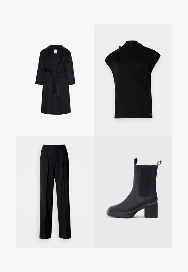 Manteau noir longueur genoux avec larges revers, manches longues et ceinture assortie nouée à la taille, présenté sur fond blanc.; Top noir à col montant avec manches courtes, présentant un design asymétrique et une longue cravate. Fabriqué en tissu lisse au look minimaliste.; Pantalon noir ajusté avec taille haute, plis et coupe à jambes larges. Confectionné en tissu lisse, avec devant plat et passants pour ceinture.; Bottines noires avec un matériau en caoutchouc lisse, des panneaux latéraux élastiques, un talon carré et des tirettes en haut pour un enfilage facile.