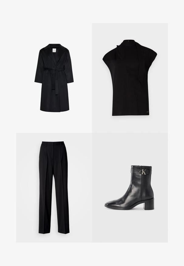 Manteau noir longueur genoux avec larges revers, manches longues et ceinture assortie nouée à la taille, présenté sur fond blanc.; Top noir à col montant avec manches courtes, présentant un design asymétrique et une longue cravate. Fabriqué en tissu lisse au look minimaliste.; Pantalon noir ajusté avec taille haute, plis et coupe à jambes larges. Confectionné en tissu lisse, avec devant plat et passants pour ceinture.; Botte de cheville en cuir noir avec un bout pointu, un talon carré et une sangle avec un détail de logo métallique. Texture lisse et design minimaliste.