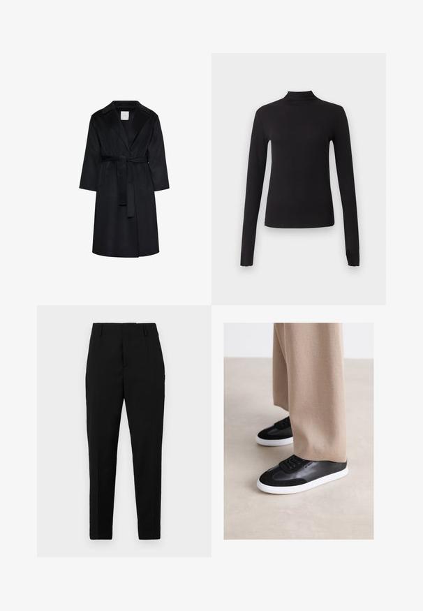 Manteau noir longueur genoux avec larges revers, manches longues et ceinture assortie nouée à la taille, présenté sur fond blanc.; Haut noir ajusté à manches longues avec col montant, présenté sur un fond gris clair uni.; Pantalons noirs avec une coupe ajustée, dotés de poches latérales, d'une texture lisse et d'un design épuré qui se resserre vers la cheville.; Baskets en cuir noir avec des accents en daim, dotées d'une semelle en caoutchouc blanc et de lacets noirs. Associées à un pantalon large beige.