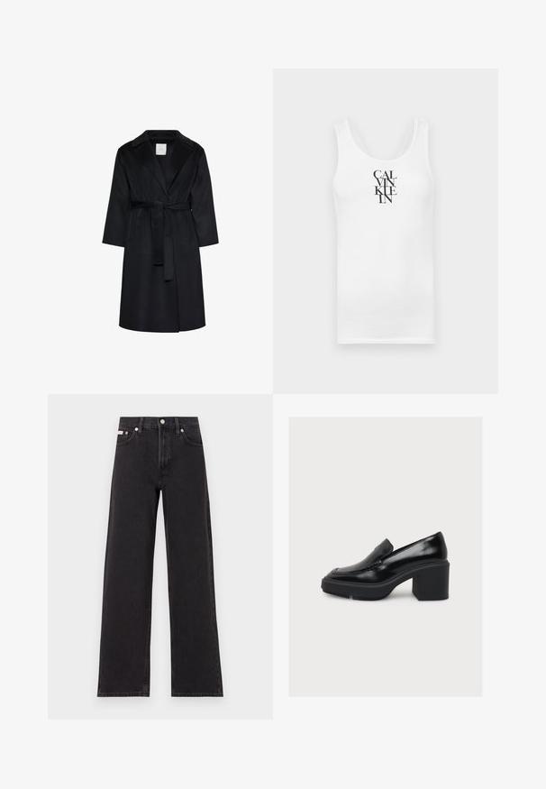 Manteau noir longueur genoux avec larges revers, manches longues et ceinture assortie nouée à la taille, présenté sur fond blanc.; Débardeur blanc à col rond, en coton. Présente un texte vertical noir "CALVINKLEIN" dans une police serif en gras.; Jeans noirs à jambes larges en denim, avec une taille haute, une coupe à cinq poches et une fermeture à bouton en métal avec des coutures contrastantes.; Mocassin en cuir noir avec un talon haut et épais ainsi qu'une semelle plateforme, présenté de profil sur un fond blanc uni.
