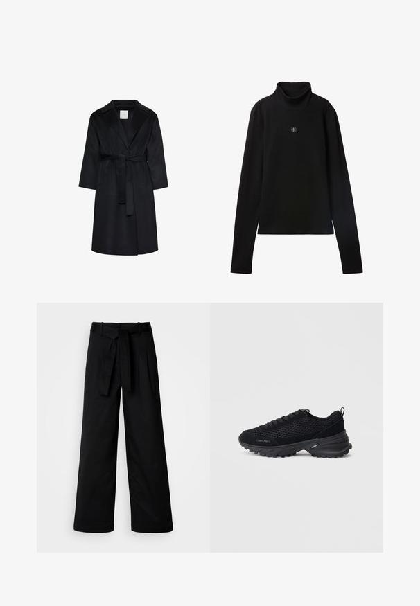 Manteau noir longueur genoux avec larges revers, manches longues et ceinture assortie nouée à la taille, présenté sur fond blanc.; Haut noir à col roulé côtelé à manches longues avec petit patch carré du logo Calvin Klein centré sur la poitrine.; Pantalons larges noirs avec une taille ceinturée, présentant un design épuré et une texture lisse, fabriqués à partir d'un tissu durable.; Baskets de sport noires avec un dessus en maille, des accents en daim, un système de laçage et une semelle épaisse texturée pour une meilleure adhérence. Logo "Calvin Klein" visible.