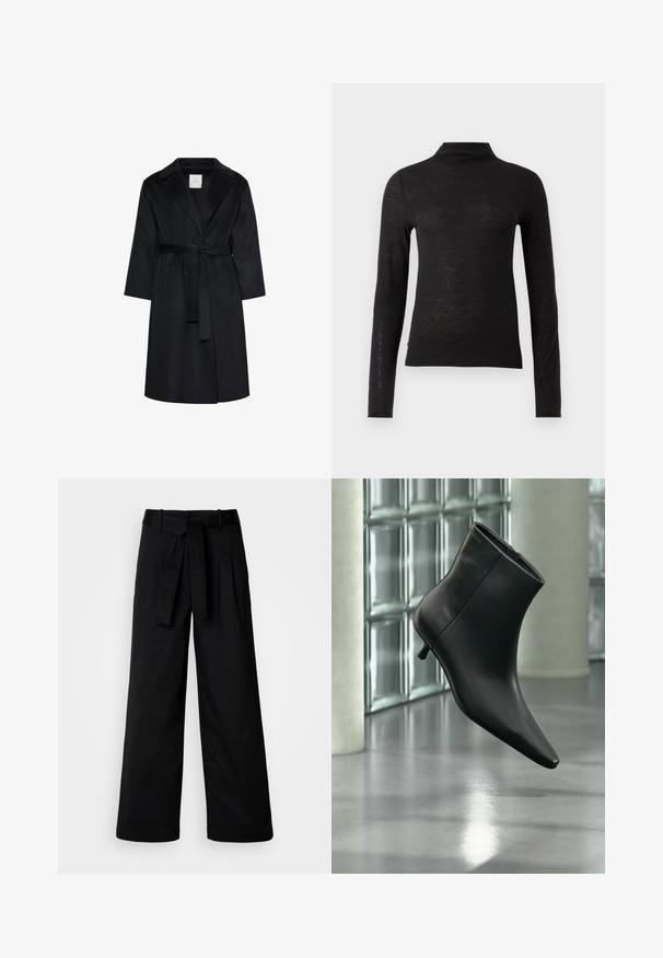 Manteau noir longueur genoux avec larges revers, manches longues et ceinture assortie nouée à la taille, présenté sur fond blanc.; Haut noir à manches longues et col roulé en matériau texturé, avec une coupe ajustée et un design minimaliste sans motifs ni éléments matériels visibles.; Pantalons larges noirs avec une taille ceinturée, présentant un design épuré et une texture lisse, fabriqués à partir d'un tissu durable.; Bottine en cuir noir à bout pointu et petit talon kitten, présentée en angle devant un sol poli et un mur en blocs de verre.