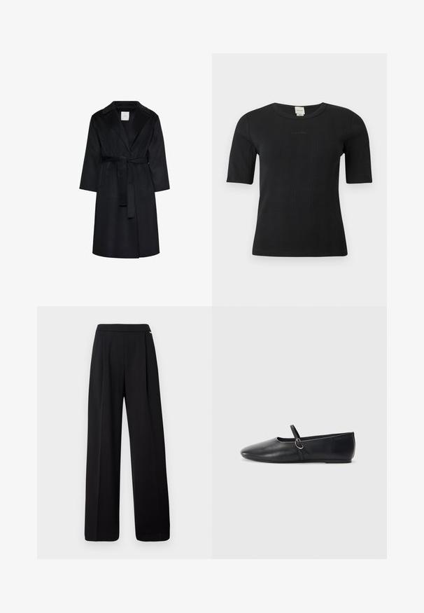Manteau noir longueur genoux avec larges revers, manches longues et ceinture assortie nouée à la taille, présenté sur fond blanc.; Haut Calvin Klein noir à manches courtes côtelées, col rond et logo discret brodé sur la poitrine, sur un fond uni.; Pantalon noir taille haute à jambes larges avec coutures frontales et taille lisse, présenté sur un fond blanc.; Ballerines noires en cuir avec un bout pointu, une semelle plate et une petite sangle avec un détail de boucle en argent.