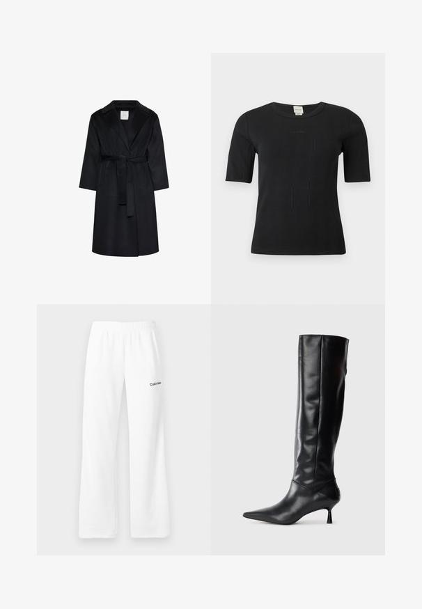 Manteau noir longueur genoux avec larges revers, manches longues et ceinture assortie nouée à la taille, présenté sur fond blanc.; Haut Calvin Klein noir à manches courtes côtelées, col rond et logo discret brodé sur la poitrine, sur un fond uni.; Pantalon de survêtement blanc avec ceinture élastique et logo Calvin Klein sur la partie supérieure de la cuisse gauche, présenté sur un fond neutre.; Botte en cuir noir hautes jusqu'au genou avec un bout pointu et un talon fin et courbé. Texture lisse, design ajusté, sans matériel ni motifs visibles.
