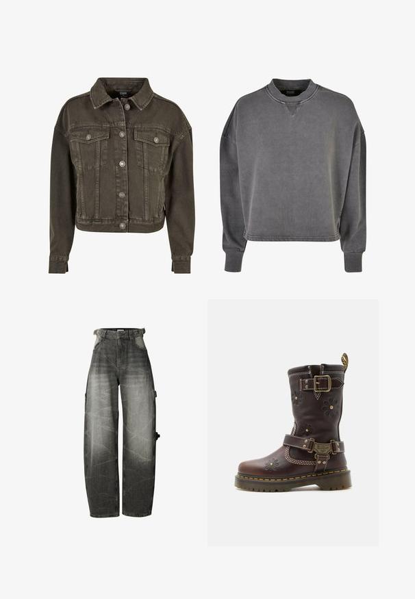 Veste en denim coupée de couleur gris foncé, avec deux poches poitrine, des boutons en métal argenté et un col classique. Tissu doux et texturé.; Sweatshirt gris surdimensionné en coton, avec un col rond, des manches longues, des poignets côtelés et une finition légèrement texturée.; Jean noir délavé coupe large avec taille haute, poches avant et passants de ceinture, avec un détail de poche sur la jambe droite.; Botte mi-mollet en cuir marron avec détails floraux embossés, deux boucles en laiton réglables, coutures jaunes et semelle robuste.