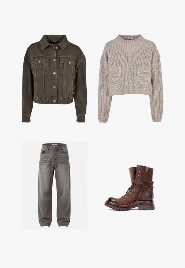 Forkortet denimjakke i mørkegrå med to brystlommer, sølvfarvede knapdetaljer og klassisk krave. Blødt, tekstureret stof.; Beige chunky strikket cropped sweater med lange ærmer og ribbet rund halsudskæring samt manchetter.; Grå cowboybukser med høj talje, falmet detaljering, frontknap og lynlås, bæltestropper og lige, vide ben.; Brun læderankelstøvle med sidelukning med lynlås, indviklede snørebånd, robust sål og slidt struktur på hvid baggrund.