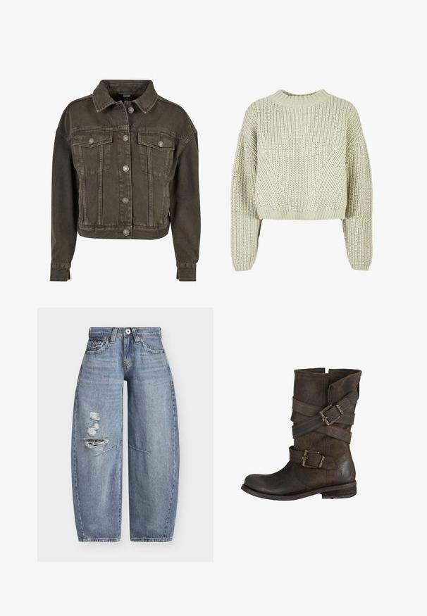 Forkortet denimjakke i mørkegrå med to brystlommer, sølvfarvede knapdetaljer og klassisk krave. Blødt, tekstureret stof.; Lys grå strikket sweater med en afslappet pasform, ribbet halsudskæring og brede ærmer. Tekstureret stof med diagonale sy mønstre.; Blå denim jeans med vide ben, høj talje og slidte revner på venstre lår, med forlommer og bæltestropper.; Brune læder ankelstøvle med flad hæl. Har flere spændte stropper og slidte tekstur. Rund tå og let løs design.