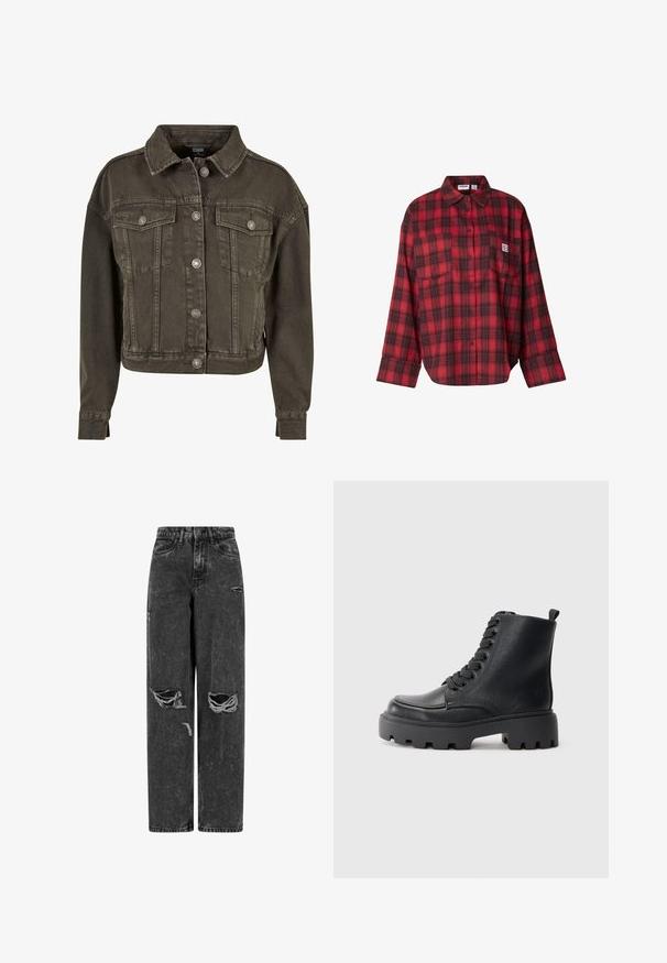 Forkortet denimjakke i mørkegrå med to brystlommer, sølvfarvede knapdetaljer og klassisk krave. Blødt, tekstureret stof.; Rød og sort ternet flannelsskjorte med lange ærmer, knaplukning foran, to brystlommer, blød tekstur, afslappet pasform, rektangulært design.; Sorte højtaljede brede bukser af jeans med rifter på knæene og slidte detaljer på en hvid baggrund.; Sort læderkampstøvle med tykk lugsål, rund tå, bagpulltab og snørebånd foran på en ensfarvet lys grå baggrund.