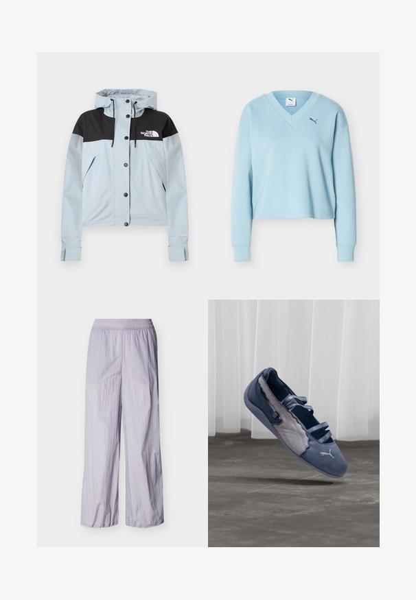 Veste imperméable bleu clair avec une partie supérieure noire, fermeture éclair et à boutons-pression, capuche ajustable et poches latérales. Marque "Dryvent".; Sweat-shirt court à manches longues bleu clair avec col en V et petit logo Puma bleu foncé sur la poitrine gauche.; Pantalon léger violet clair avec ceinture élastique et jambes larges, présenté sur un fond blanc uni.; Chaussure plate Puma bleue et grise avec trois brides élastiques, panneau latéral texturé, et logo Puma blanc, en suspension au-dessus d'un sol en béton.