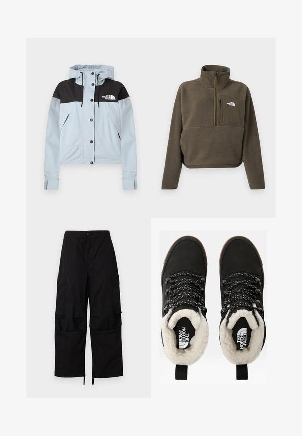 Veste imperméable bleu clair avec une partie supérieure noire, fermeture éclair et à boutons-pression, capuche ajustable et poches latérales. Marque "Dryvent".; Pull polaire vert olive avec col montant, fermeture zippée au quart et poche avant zippée. Logo blanc sur la poitrine. Coupe courte.; Pantalon cargo noir avec taille élastique, fermeture à boutons, poches latérales à rabat, et jambes larges et droites avec ourlets ajustables.; Bottes noires en cuir synthétique imperméables à la cheville, avec une doublure en fausse fourrure, un tissu texturé, des lacets à motifs noirs et blancs, et une languette au niveau du talon.