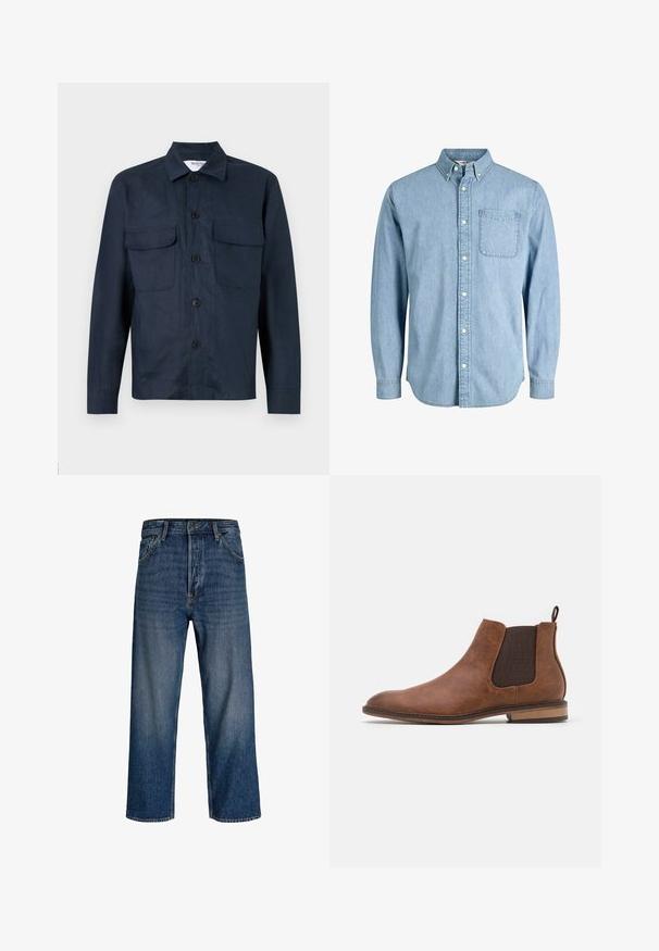 Veste chemise bleu marine en tissu léger, dotée d'un bouton sur le devant, de deux poches poitrine et d'un col pointu. Texture lisse.; Chemise en denim bleu clair à boutons, manches longues, col, poche avant et texture subtile. Présente des boutons blancs le long de la patte de boutonnage.; Jean en denim avec une coupe droite, couleur bleu foncé et délavage subtil. Comprend cinq poches et une fermeture à bouton.; Botte Chelsea en cuir marron avec des panneaux élastiques sur les côtés, bout arrondi et languette. Présente une finition texturée et un petit talon en bois.