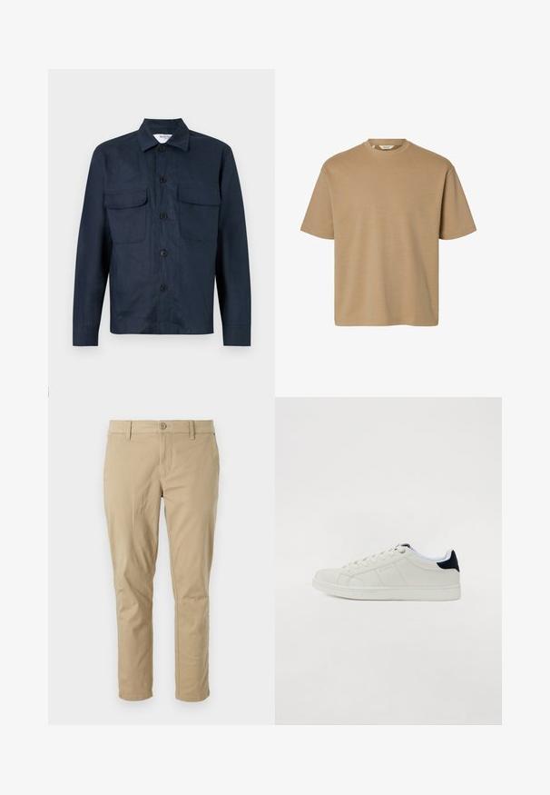 Veste chemise bleu marine en tissu léger, dotée d'un bouton sur le devant, de deux poches poitrine et d'un col pointu. Texture lisse.; T-shirt beige à manches courtes avec col rond, coupe décontractée et design uni, présenté sur fond blanc.; Pantalons en toile de coton beige avec une coupe slim, dotés d'une fermeture à bouton, de passants de ceinture et de jambes droites. Texture lisse, sans motifs remarquables.; Baskets en cuir blanc avec un bout rond, une semelle plate et un accent bleu marine au talon. Dotées d'un design à lacets et de détails cousus subtils.