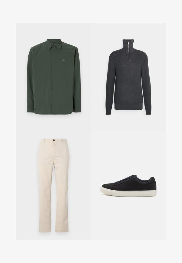 Chemise à manches longues vert foncé en tissu lisse avec un col boutonné et un logo discret sur la poitrine gauche.; Pull en tricot gris foncé avec un col haut et une fermeture éclair à demi. Texture côtelée sur l'ensemble, poignets ajustés et ourlet droit.; Pantalons en coton beige clair avec une coupe droite, dotés d'une fermeture à bouton à l'avant, d'une braguette zippée et de détails de couture minimalistes.; Baskets en suede noires avec un bout rond, semelle en caoutchouc blanche, lacets bleus contrastants et texture lisse. Design minimaliste sans logo visible.