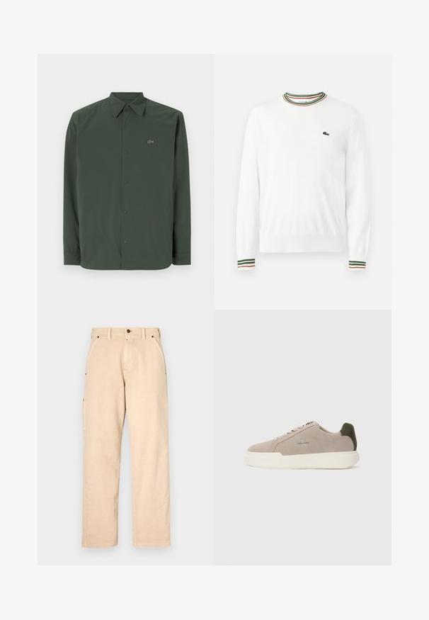 Chemise à manches longues vert foncé en tissu lisse avec un col boutonné et un logo discret sur la poitrine gauche.; Pull blanc à col rond, avec des accents rayés verts, rouges et oranges sur le col et les manches. Logo Lacoste sur la poitrine.; Pantalon en coton beige avec une coupe droite, doté de poches latérales, de passants de ceinture et d'une fermeture à bouton à l'avant. Texture lisse, design minimaliste.; Baskets en suède beige avec une semelle en caoutchouc blanche, présentant un accent de talon vert foncé et une branding subtile sur le côté.
