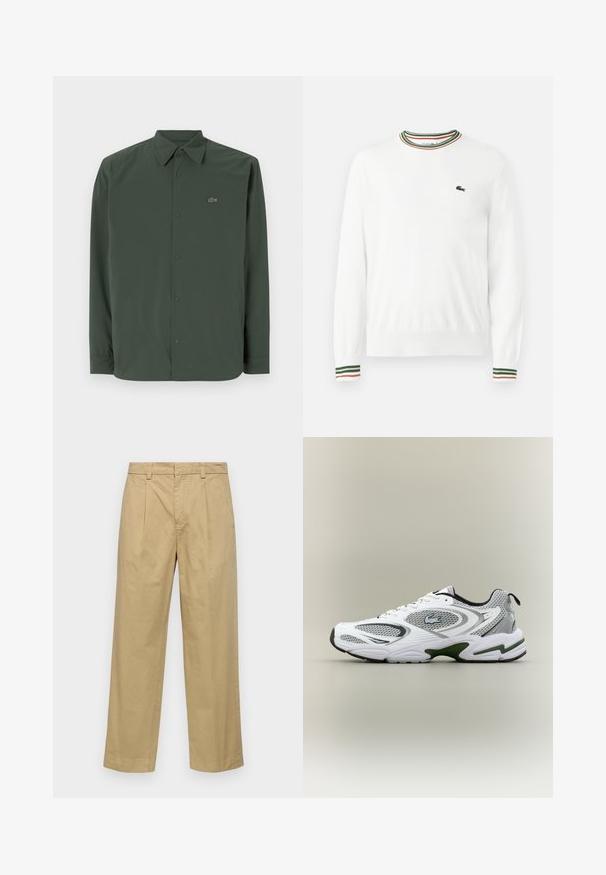 Camisa de manga larga verde oscuro hecha de una tela suave, con cuello abotonado y un logo sutil en el lado izquierdo del pecho.; Suéter blanco con cuello redondo, que presenta acentos de rayas verdes, rojas y naranjas en el cuello y las mangas. Logo de Lacoste en el pecho.; Pantalones de algodón beige con un diseño de pierna recta, que cuentan con pliegues frontales y bolsillos laterales. La tela tiene una textura suave y lisa.; Zapatilla deportiva de running en blanco y gris, con paneles de malla, acentos verdes, detalles en negro y un logo en el costado, vista desde el lado exterior.
