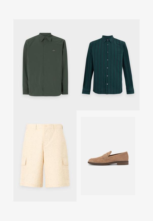 Chemise à manches longues vert foncé en tissu lisse avec un col boutonné et un logo discret sur la poitrine gauche.; Chemise longue à manches longues de couleur vert foncé à boutons avec des rayures verticales noires et une poche poitrine, présentée sur un fond blanc.; Shorts cargo beige clair en tissu texturé, avec deux poches latérales, une fermeture à bouton et une coupe décontractée.; Mocassin pour homme en daim marron clair avec talon bas, bout arrondi et détail d'une bride sur le dessus.
