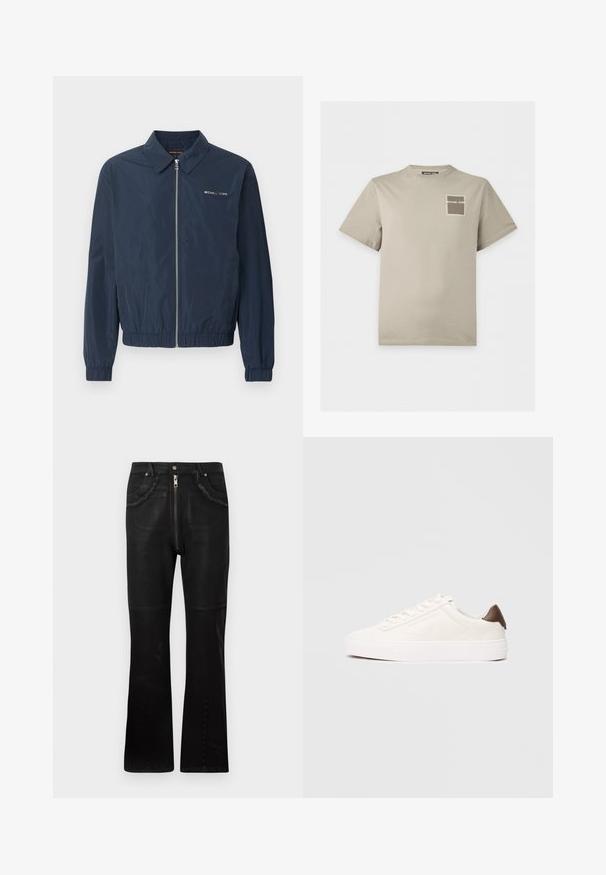 Veste zippée bleu marine Michael Kors avec col, poignets et ourlet élastiques, et logo sur le côté gauche de la poitrine.; T-shirt beige à manches courtes et col rond avec un petit logo carré indiquant "Michael Kors" sur le côté gauche de la poitrine.; Jean flare noir en denim, avec une fermeture éclair à l'avant, des poches texturées avec des bords effilochés, un tissu lisse et des détails de boutons sur les jambes.; Baskets basses blanches avec un design à lacets et une languette marron au talon sur un fond clair uni.