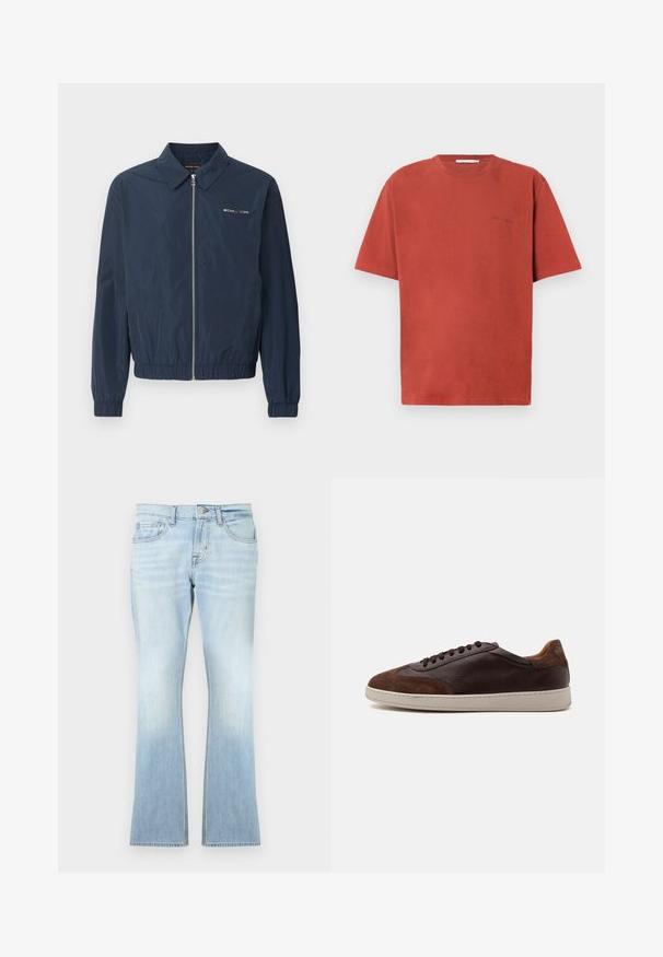 Veste zippée bleu marine Michael Kors avec col, poignets et ourlet élastiques, et logo sur le côté gauche de la poitrine.; T-shirt en coton rouge à manches courtes, col rond, avec un petit logo noir imprimé sur la poitrine gauche. Texture lisse, coupe décontractée.; Jean évasé bleu clair en denim. Comprend cinq poches, une fermeture à bouton et fermeture éclair, avec un effet délavé vers l'ourlet.; Basket basse en cuir et daim marron avec des lacets marron foncé et une semelle en caoutchouc blanche vue du côté extérieur.
