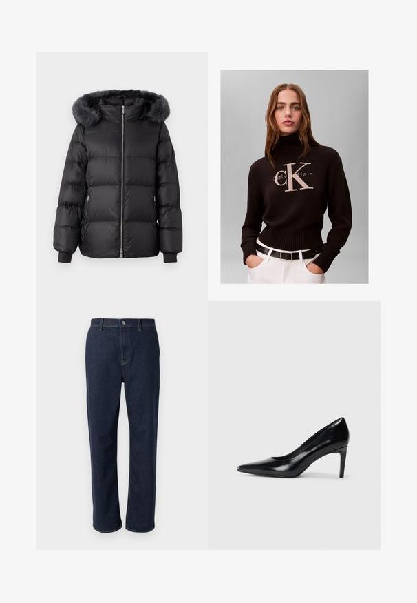Chaqueta de plumas negra con capucha forrada de piel sintética, diseño acolchado, cremallera frontal y puños acanalados. Textura suave y forma aislante.; Mujer con cabello largo que lleva un suéter de cuello alto negro de Calvin Klein y pantalones blancos con cinturón negro sobre un fondo liso.; Vaqueros de mezclilla azul oscuro con un diseño de pierna recta, que cuentan con una bragueta con cremallera, bolsillos frontales y costuras visibles en un color contrastante.; Zapato de tacón alto de cuero negro con punta afilada, textura suave y tacón en forma de cono. Diseño minimalista, sin adornos adicionales.