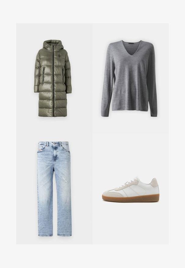 Blauer MARTHA - Manteau d'hiver - verde pigna; DRYKORN MURIELA - Pullover - grey; Jean en denim bleu clair avec une coupe droite, présentant de légers abrasements et un design traditionnel à cinq poches. Ceinture classique avec bouton.; Baskets en cuir blanc avec des accents en suède beige, languette texturée et semelle en caoutchouc. Elles sont dotées de lacets blancs et de détails couture subtils.