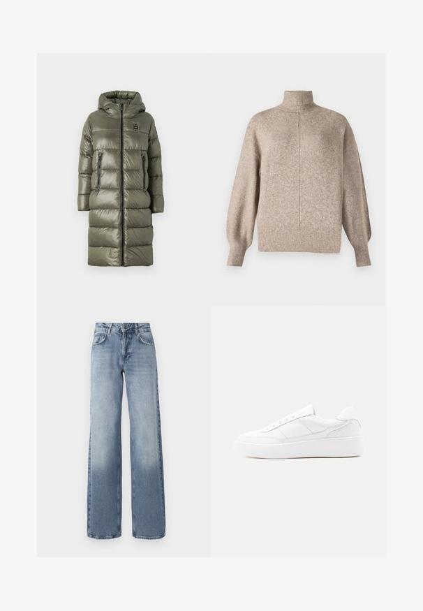 Blauer MARTHA - Manteau d'hiver - verde pigna; Vero Moda VMDOFFY - Pullover - sepia tint; Jean en denim bleu à jambes larges avec un délavage clair, fermeture éclair, design à cinq poches et un léger décoloration près des chevilles.; Baskets basses blanches avec semelle épaisse, design à lacets et détails de couture subtils sur un fond clair uni.