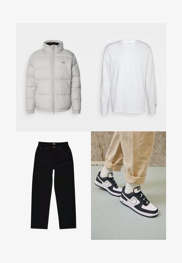 Veste matelassée grise avec un col haut, une fermeture éclair et des poignets élastiques. Elle présente un design matelassé et une petite patch logo sur la poitrine.; T-shirt blanc à manches longues en coton. Design à col rond avec des poignets côtelés et un petit logo sur la manche gauche. Texture lisse.; Jean en denim noir avec une coupe droite, présentant cinq poches, des coutures marron et une fermeture éclair. Texture lisse et matériau durable.; Baskets Nike Air Force 1 en noir et blanc avec un dessus en cuir, orteil perforé et détail de semelle texturée, portées avec un pantalon beige retroussé et des chaussettes blanches.